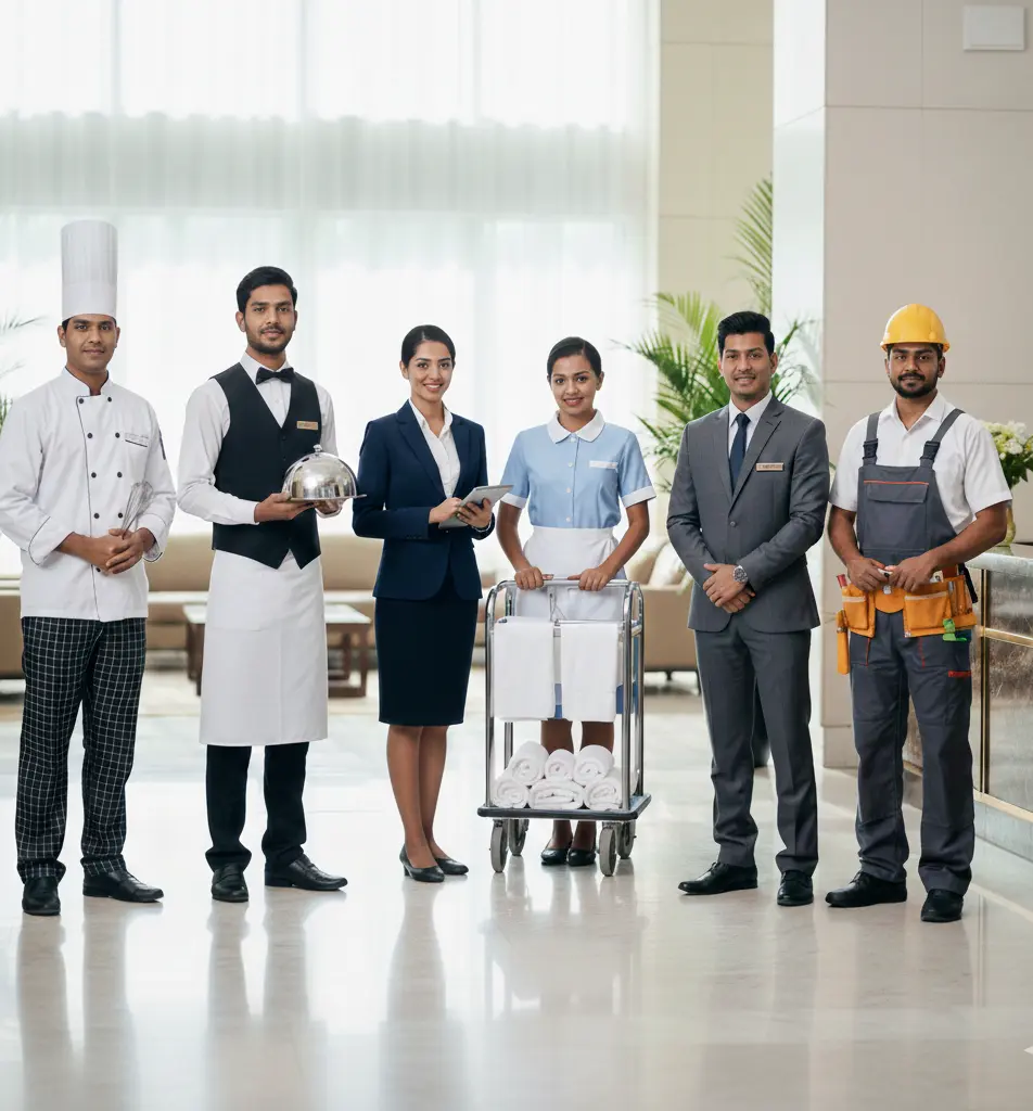 Hospitality professionals representing diverse career paths in hotels and service industries