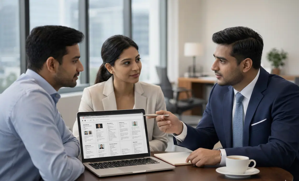 Hospitality recruitment discussion between employer and professionals reviewing candidate profiles
