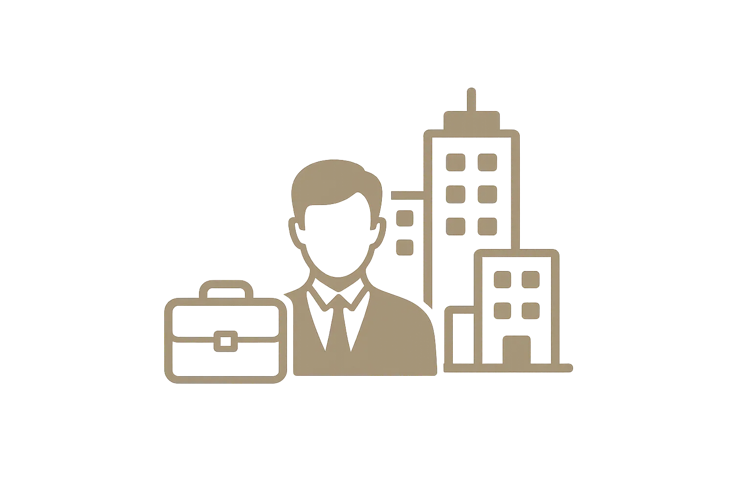 Illustration of a professional standing beside a briefcase and office buildings.