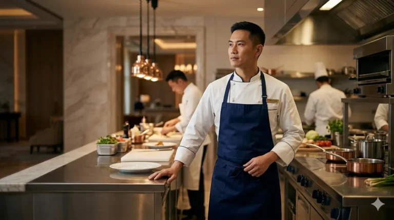 Mid to senior level chef in a luxury hotel kitchen overseeing operations and team