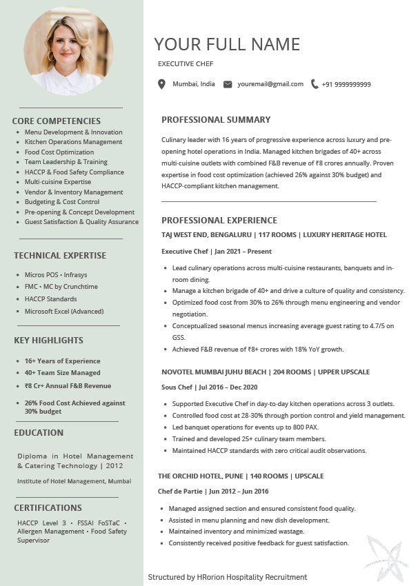 Executive chef hospitality resume template by HRorion