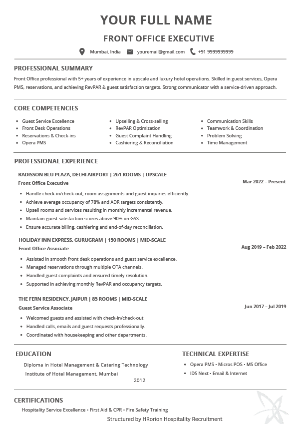 Front office executive hospitality resume template by HRorion