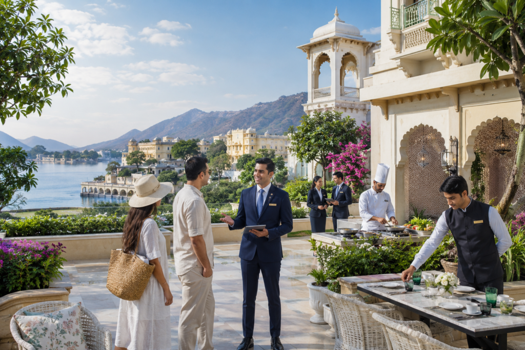 Luxury hospitality resort in an emerging Indian spiritual tourism destination with hotel staff, guests, and premium heritage architecture.