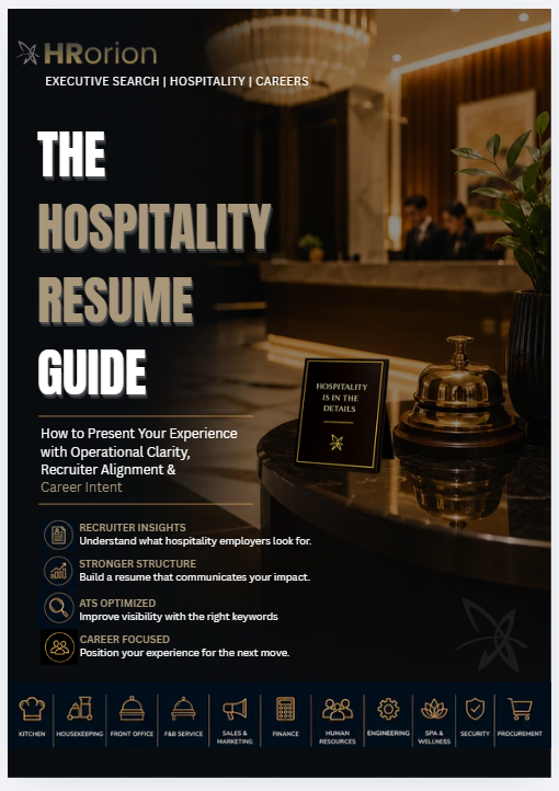 HRorion | Hospitality resume guide cover image for ATS-friendly hotel resumes, recruiter-aligned career positioning, and operational hospitality leadership