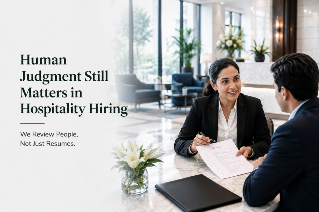 Hospitality recruiter conducting a candidate interview in a hotel environment, highlighting HRorion's human-led hospitality hiring approach.